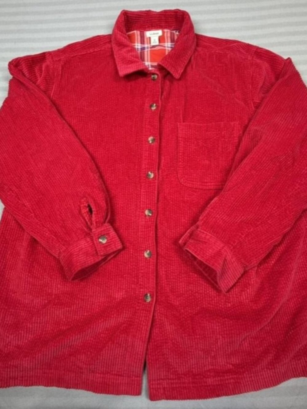 L L Bean Corduroy Shirt Mens XL Red Plaid Lined Button Front Shacket